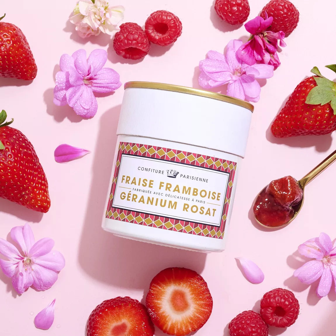 Strawberry, raspberry, and geranium jam