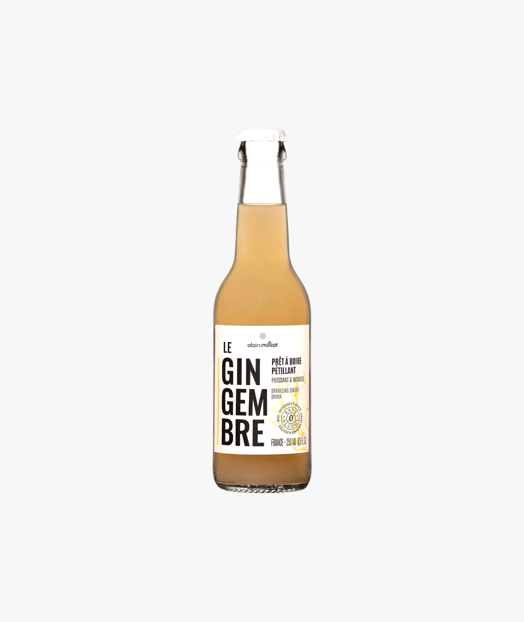 Boisson bio gazeuse aux jus de gingembre et de citron vert, et aux infusions de verveine et piment