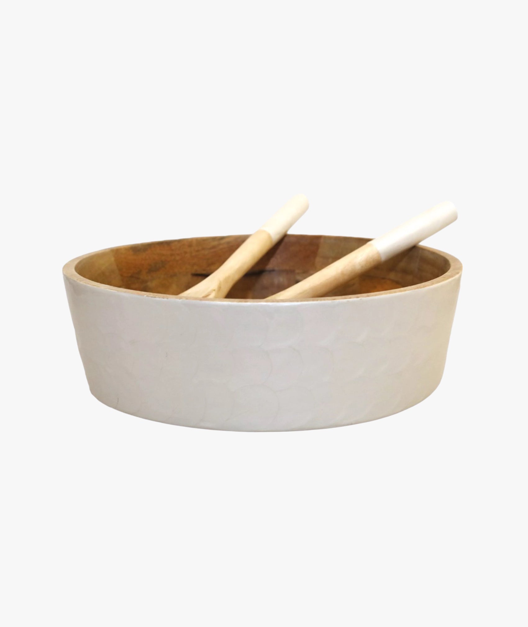 Saladier et couverts a salade blanc et bois manguier