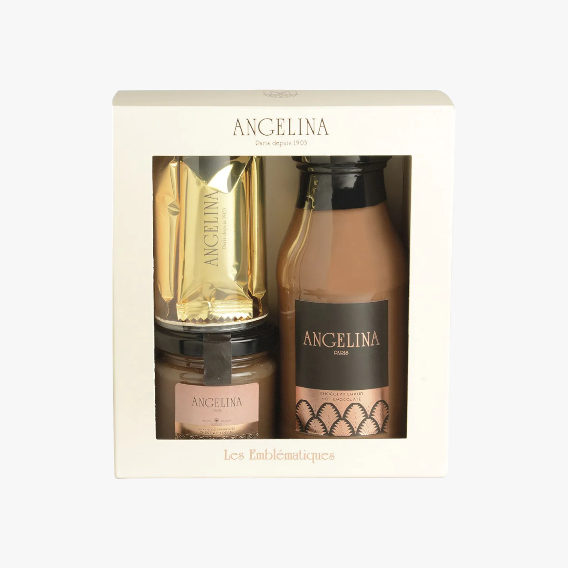 Angelina Emblematic Box, hot chocolate, chestnut cream and lace pancakes coated in dark chocolate