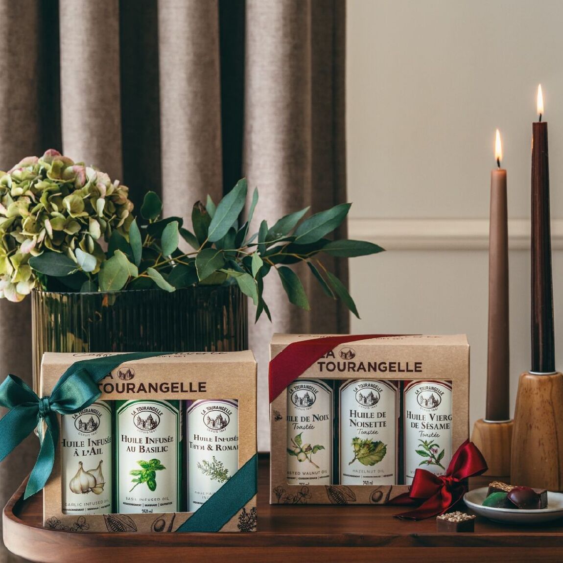 Trio of infused oils (basil, garlic, thyme-rosemary)