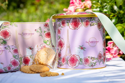 Assortment of shortbread biscuits, plain, pure fresh butter and chocolate chips - metal bucket A morning in Paris