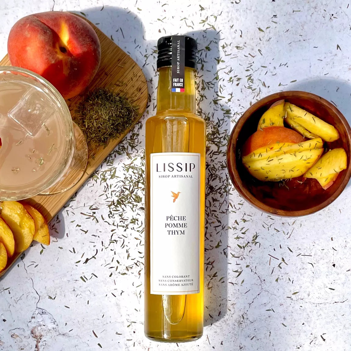 Sirop pêche, pomme et thym