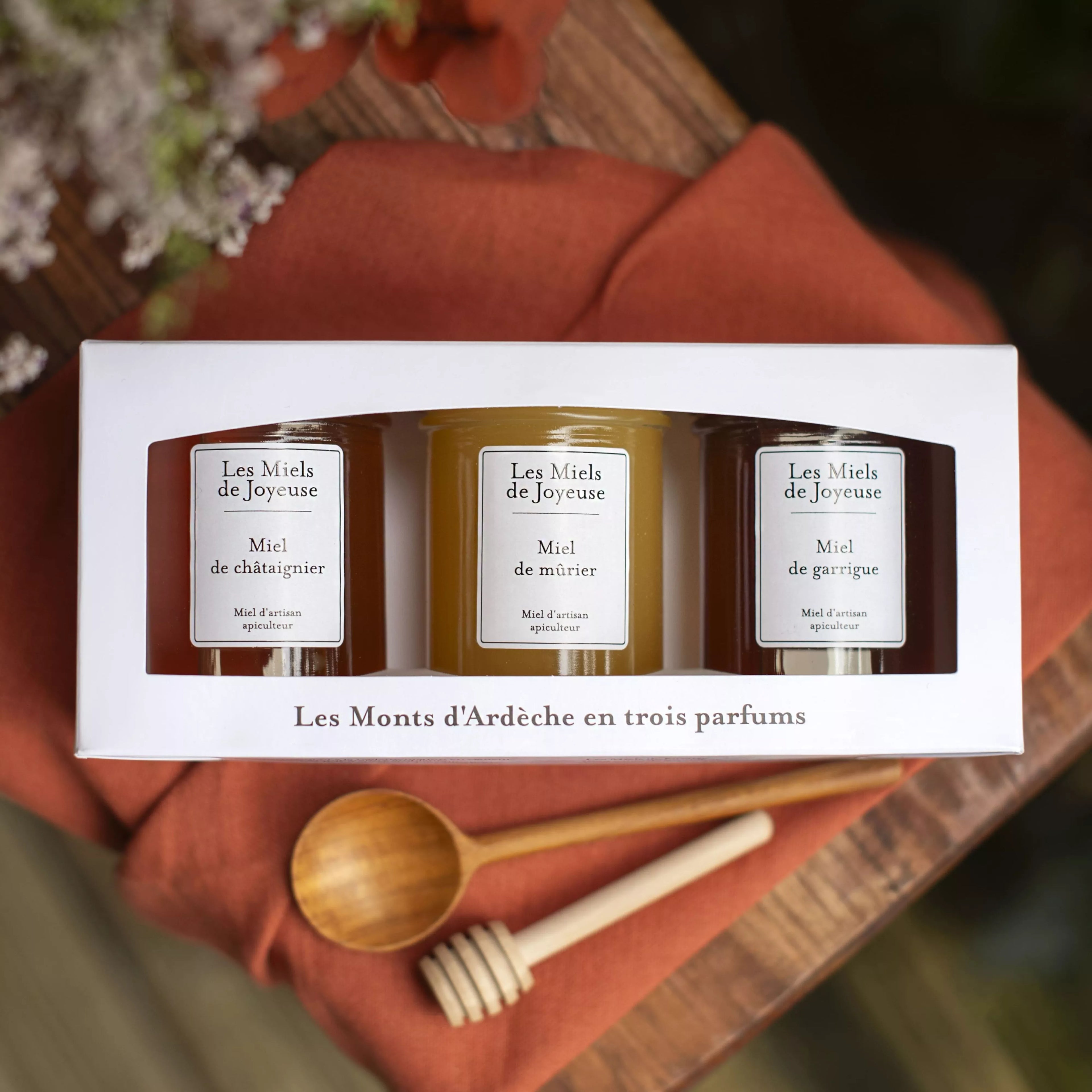 Coffret de trois miels du parc naturel des monts d'Ardèche