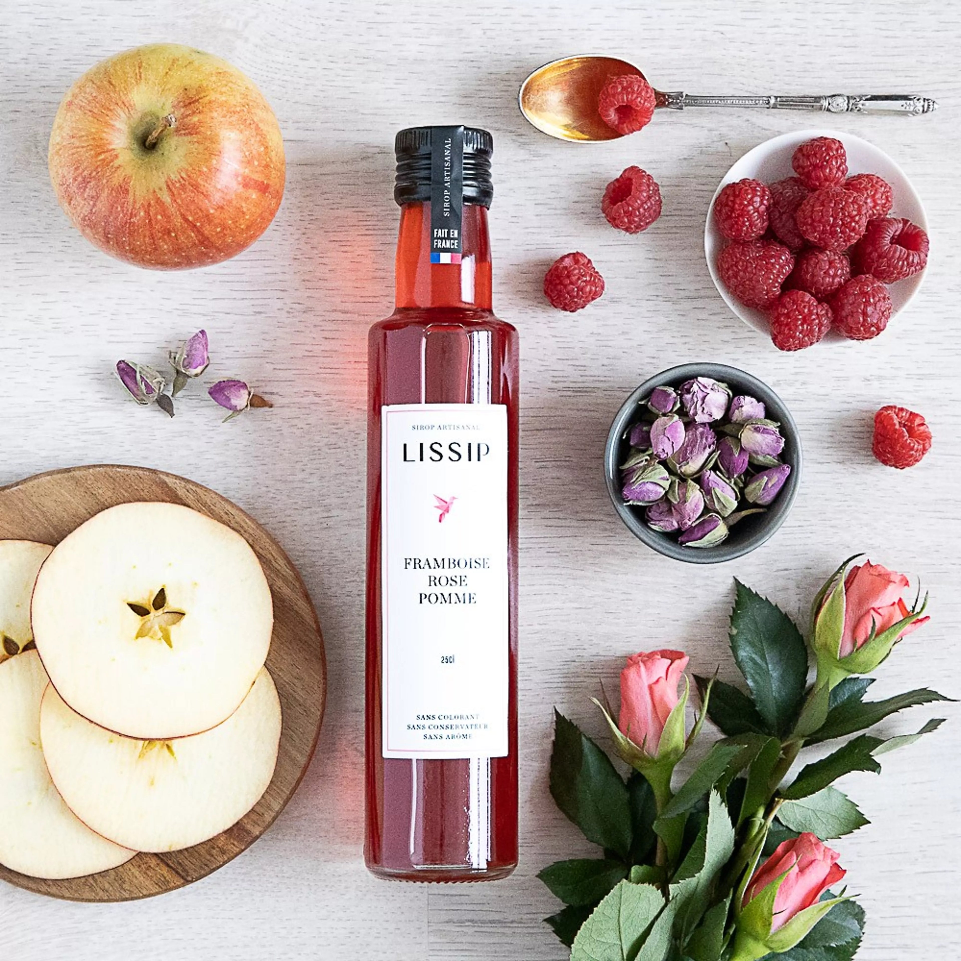 Sirop framboise, rose et pomme