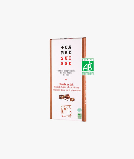 Tablette de chocolat au lait, caramel et sel de Guérande bio