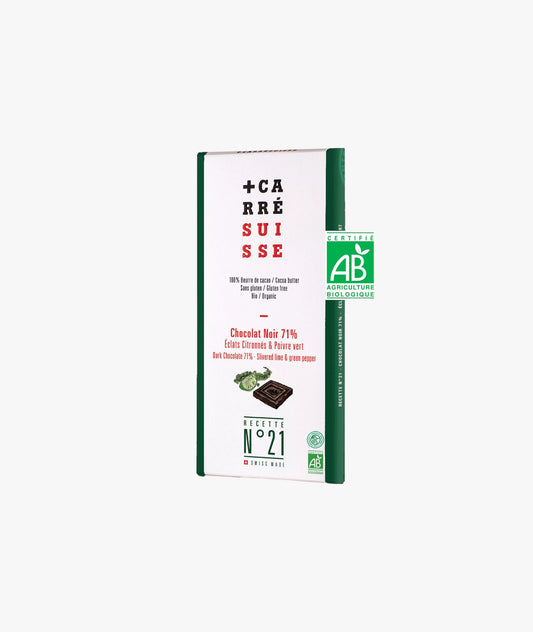 Tablette de chocolat noir 71% éclats citronnés et poivre vert bio