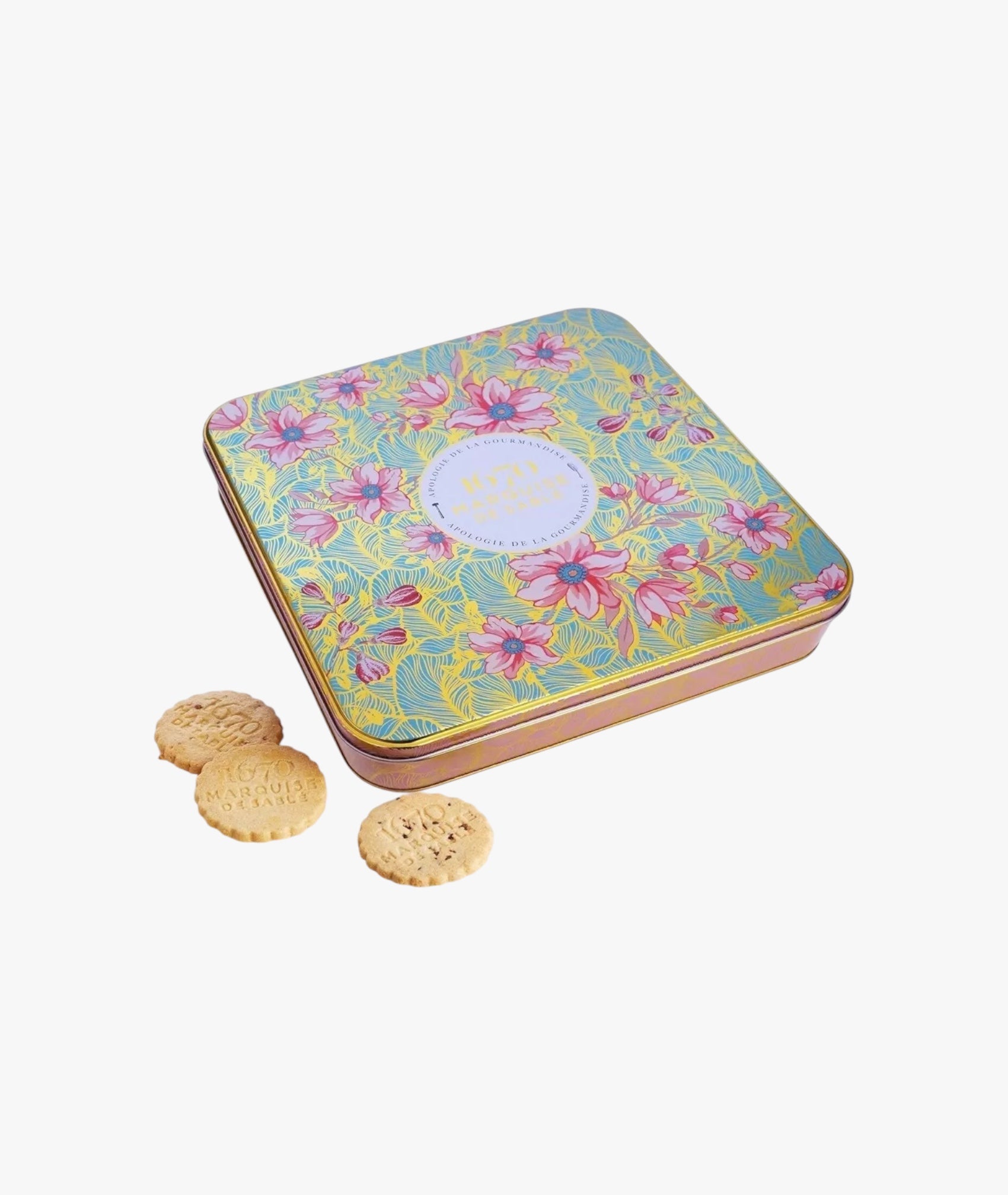 Biscuits sablés assortiment nature pur beurre frais, pépites de caramel beurre salé, de chocolat et d'abricot - coffret métal Féérie végétale
