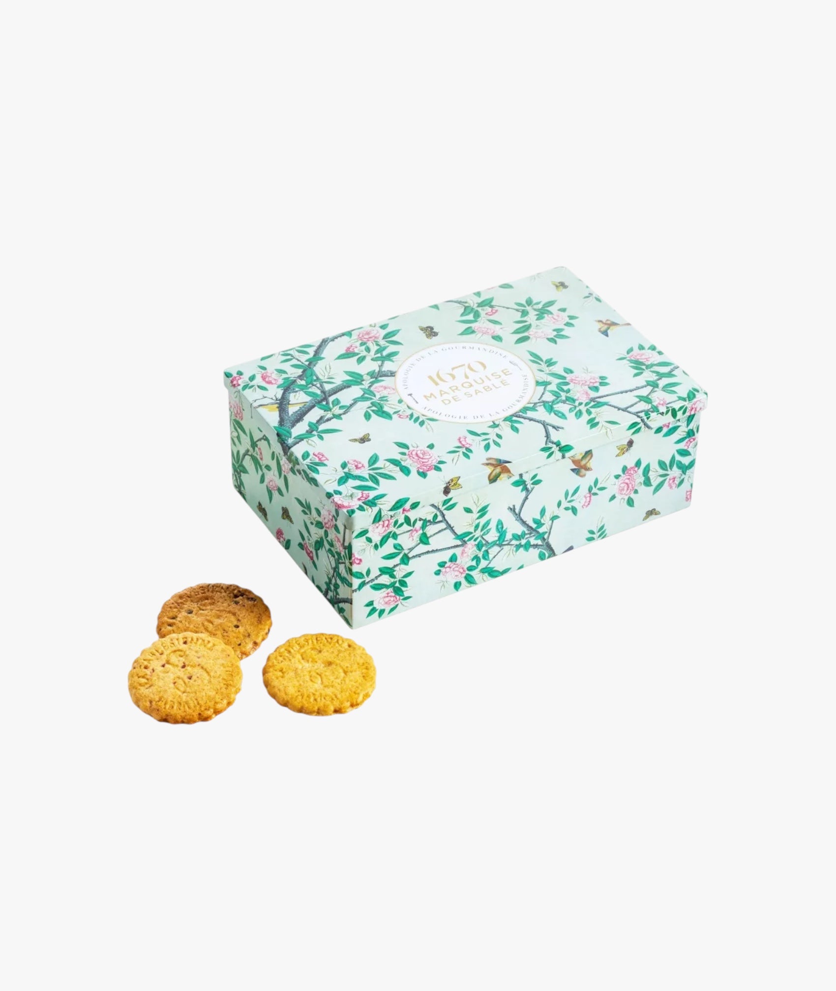 Biscuits sablés assortiment nature pur beurre frais, pépites de framboise et de chocolat - boite métal Dans un jardin